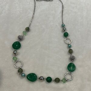 Green Bead and Silver Ring Statement Necklace